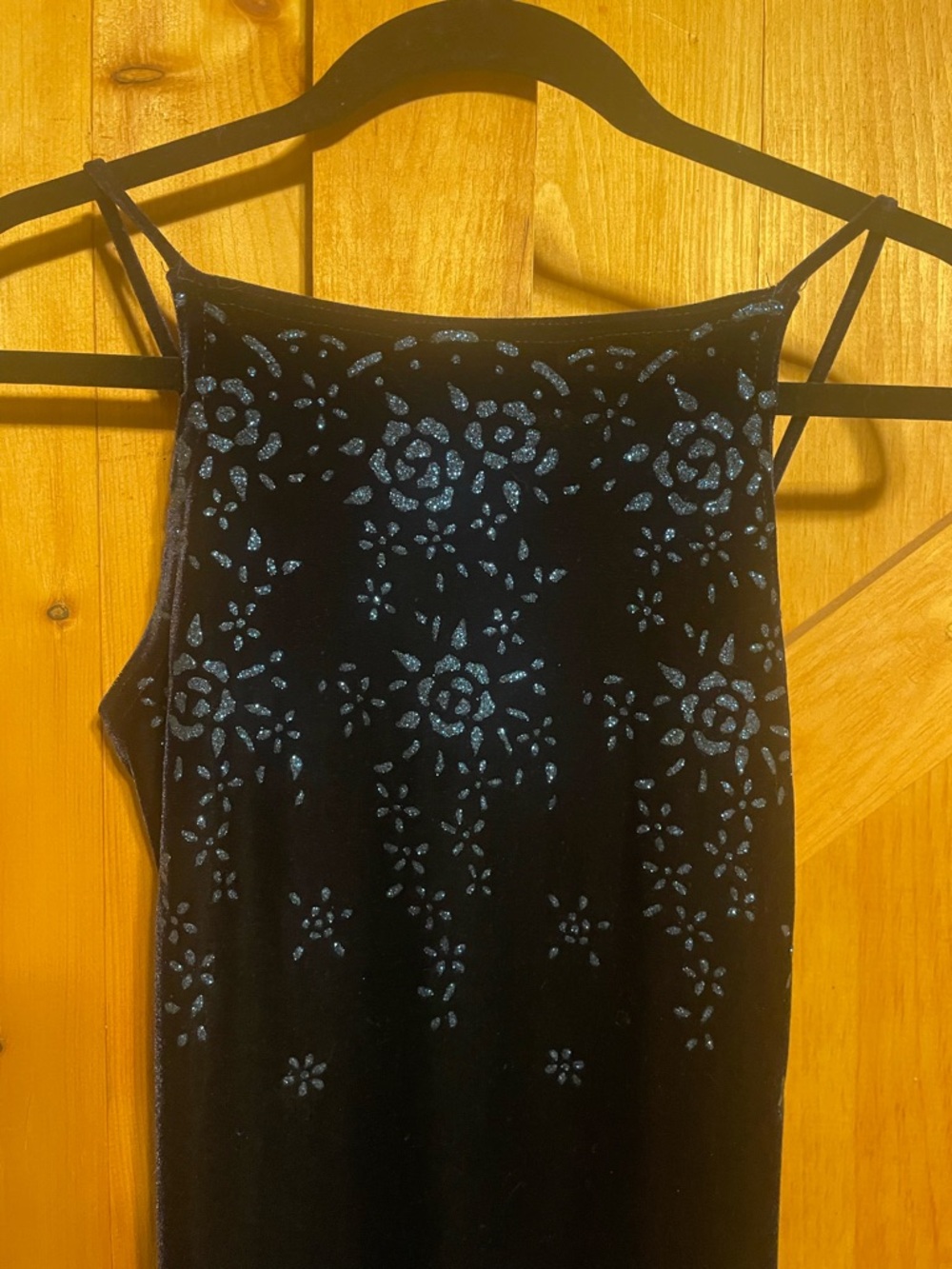 Finesse Black Velvet Maxi Dress with Blue Glitter Bodice vintage 90s Y2K